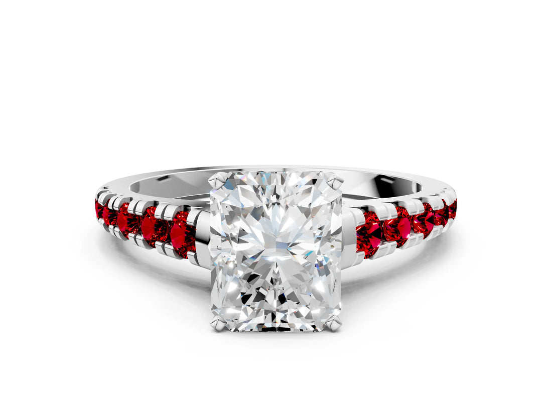 White gold Radiant Cut Diamond Cathedral Solitaire Ring with Round with Ruby side stone Pavé Band_24