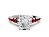 White gold Radiant Cut Diamond Cathedral Solitaire Ring with Round with Ruby side stone Pavé Band_24