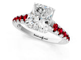 White gold Radiant Cut Diamond Cathedral Solitaire Ring with Round with Ruby side stone Pavé Band_25