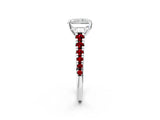 White gold Radiant Cut Diamond Cathedral Solitaire Ring with Round with Ruby side stone Pavé Band_26