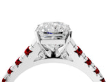 White gold Radiant Cut Diamond Cathedral Solitaire Ring with Round with Ruby side stone Pavé Band_28