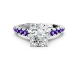 White gold Radiant Cut Diamond Cathedral Solitaire Ring with Round with Tanzanite side stone Pavé Band