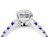 White gold Radiant Cut Diamond Cathedral Solitaire Ring with Round with Tanzanite side stone Pavé Band_10