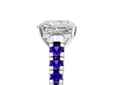 White gold Radiant Cut Diamond Cathedral Solitaire Ring with Round with Tanzanite side stone Pavé Band_11