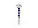 White gold Radiant Cut Diamond Cathedral Solitaire Ring with Round with Tanzanite side stone Pavé Band_2