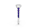 White gold Radiant Cut Diamond Cathedral Solitaire Ring with Round with Tanzanite side stone Pavé Band_20