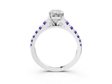 White gold Radiant Cut Diamond Cathedral Solitaire Ring with Round with Tanzanite side stone Pavé Band_21