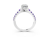 White gold Radiant Cut Diamond Cathedral Solitaire Ring with Round with Tanzanite side stone Pavé Band_3