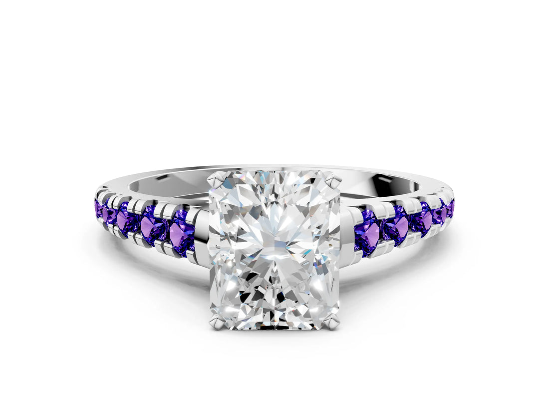 White gold Radiant Cut Diamond Cathedral Solitaire Ring with Round with Tanzanite side stone Pavé Band_6