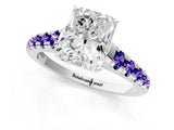 White gold Radiant Cut Diamond Cathedral Solitaire Ring with Round with Tanzanite side stone Pavé Band_7