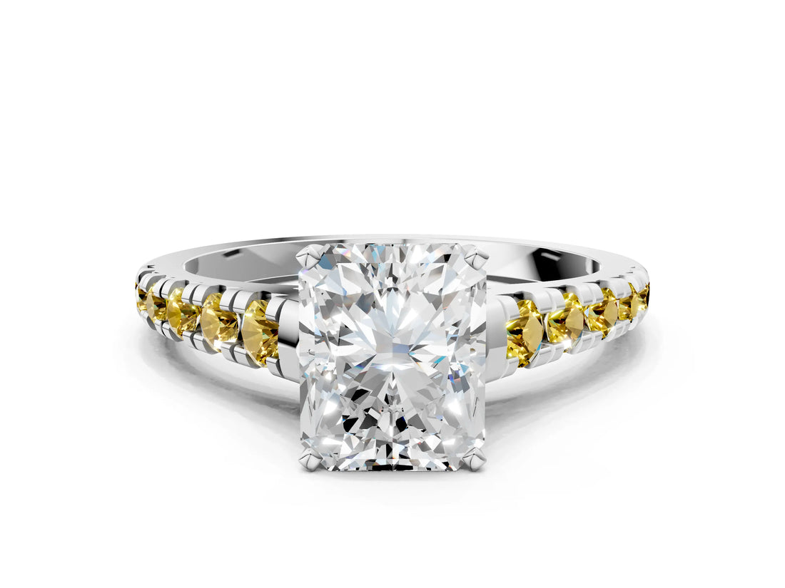White gold Radiant Cut Diamond Cathedral Solitaire Ring with Round with Yellow Sapphire side stone Pavé Band_24