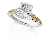 White gold Radiant Cut Diamond Cathedral Solitaire Ring with Round with Yellow Sapphire side stone Pavé Band_25