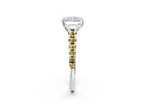 White gold Radiant Cut Diamond Cathedral Solitaire Ring with Round with Yellow Sapphire side stone Pavé Band_26