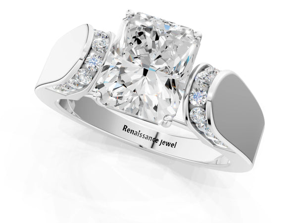 White Gold Radiant Cut Channel Set Engagement Ring Setting with Accented Shoulders on Wide Band