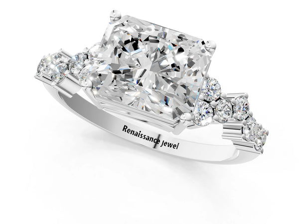 White gold Radiant Cut Diamond Cluster Pavé Band with Four-Prong Setting