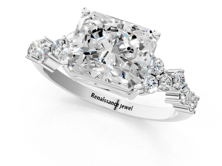 White gold Radiant Cut Diamond Cluster Pavé Band with Four-Prong Setting