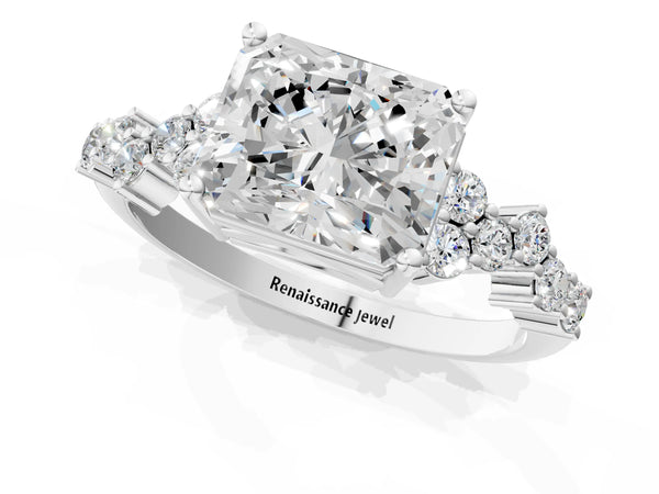 White gold Radiant Cut Diamond Cluster Pavé Band with Four-Prong Setting