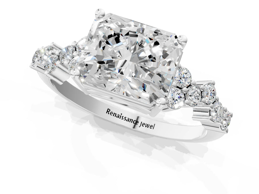 White gold Radiant Cut Diamond Cluster Pavé Band with Four-Prong Setting