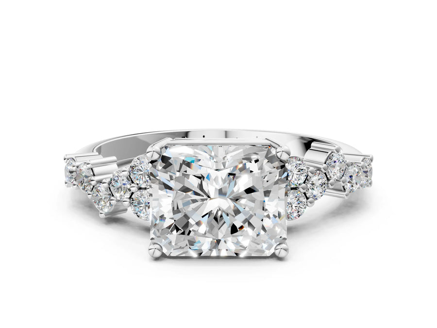 White gold Radiant Cut Diamond Cluster Pavé Band with Four-Prong Setting