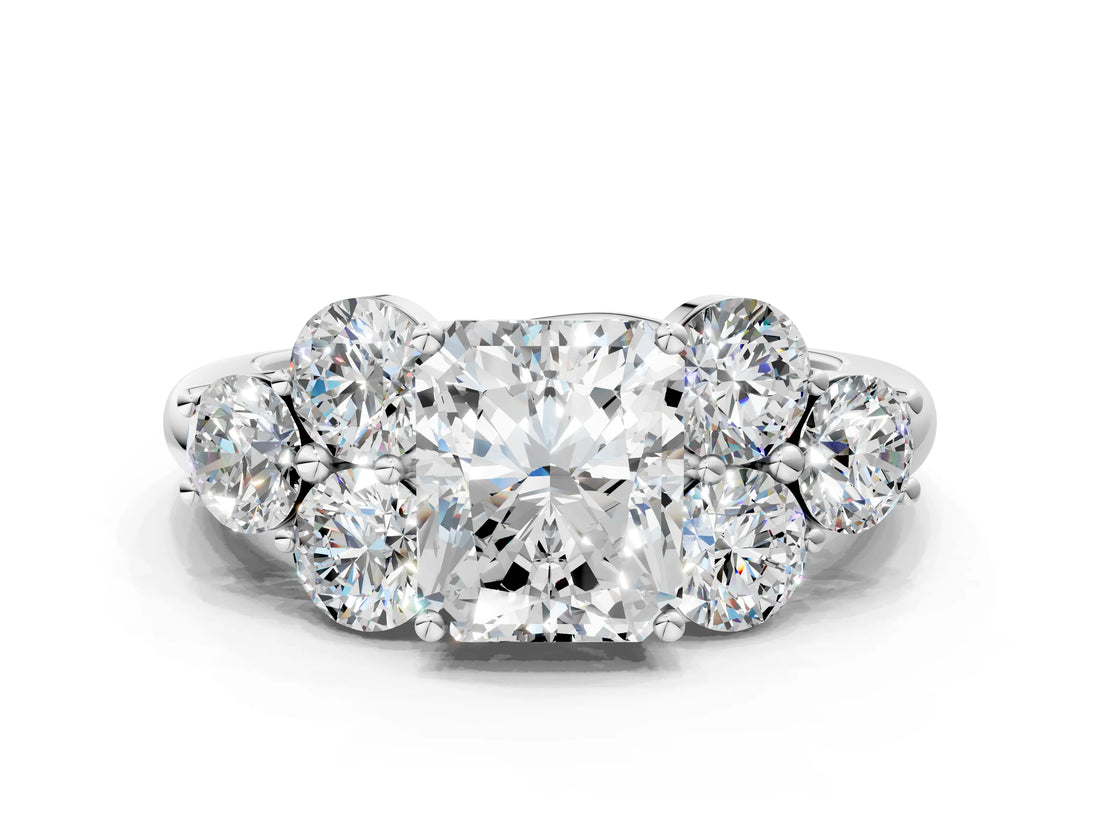 White gold Radiant Cut Diamond Cluster Ring with Round Accent Stones and Prong Setting on a Classic Band_75