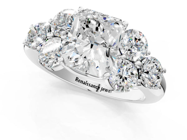 Platinum Radiant Cut Diamond Cluster Ring with Round Accent Stones and Prong Setting on a Classic Band