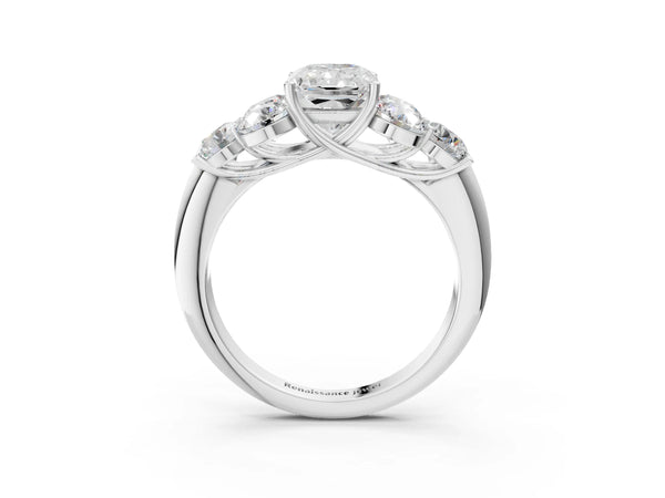 Platinum Radiant Cut Diamond Cluster Ring with Round Accent Stones and Prong Setting on a Classic Band