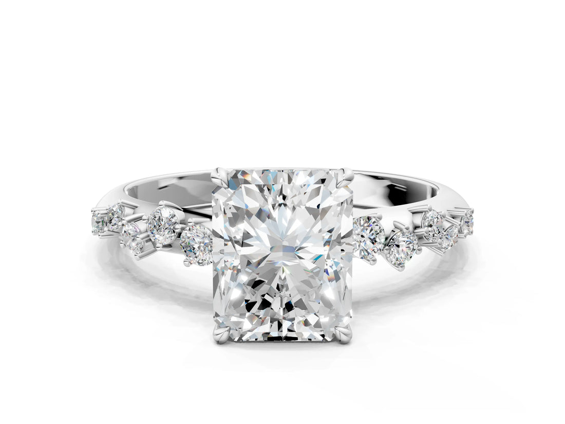 White gold Radiant Cut Diamond Cluster Side Stone Solitaire Ring with Prong Setting_98