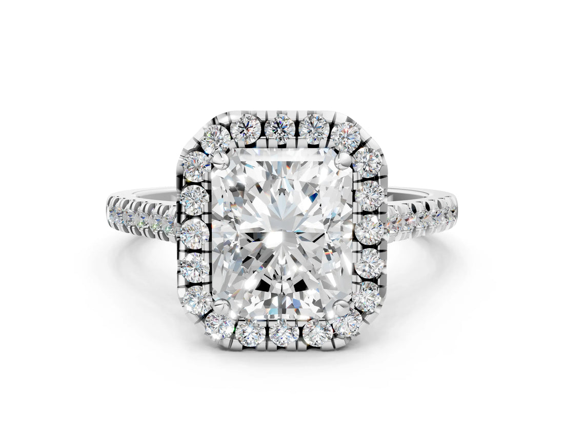 White gold Radiant Cut Diamond Cushion Halo Ring with Pavé Band_84