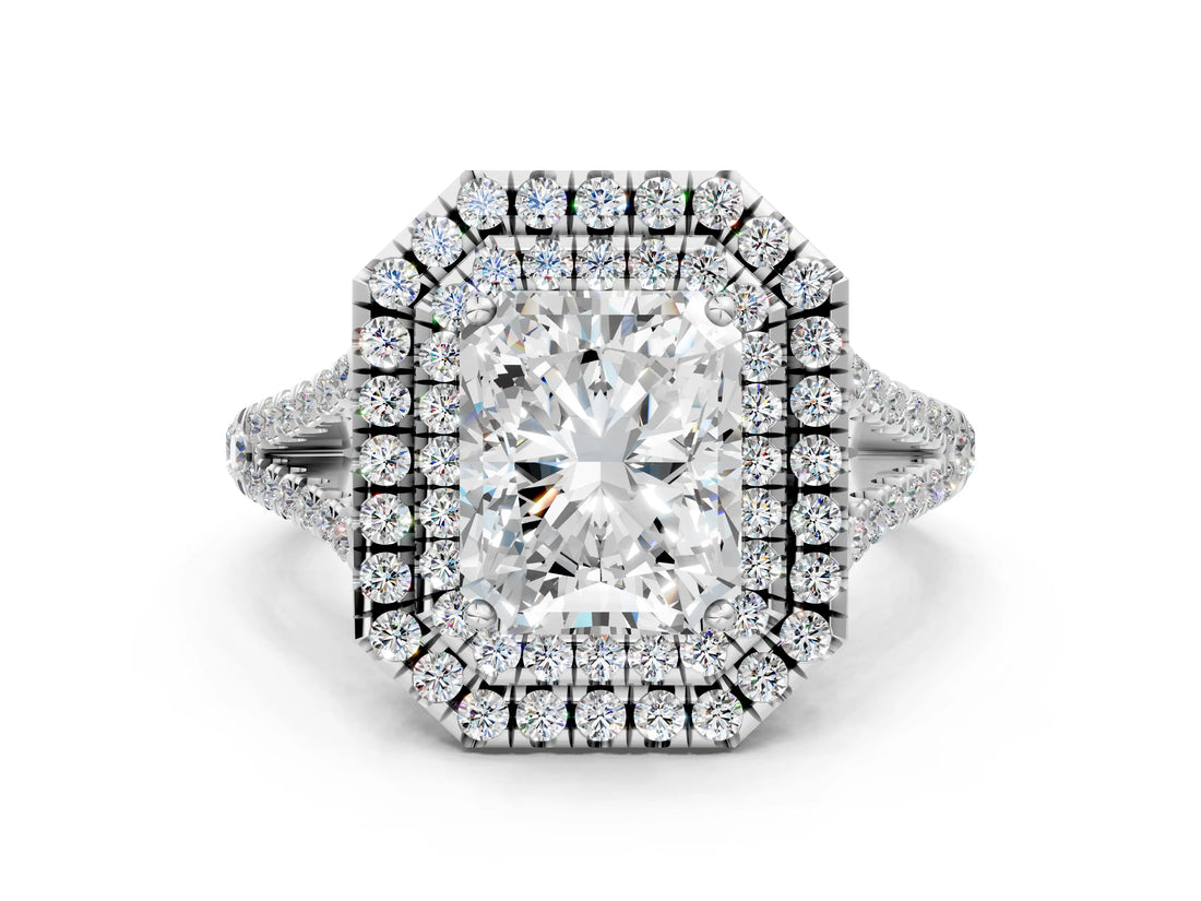 White gold Radiant Cut Diamond Double Halo Ring with Pavé Band and Prong Setting_176