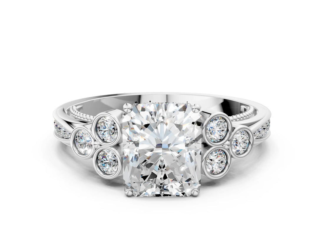 White gold Radiant Cut Diamond Engagement Ring with Bezel Set Round Side Stones and Prong Setting_72
