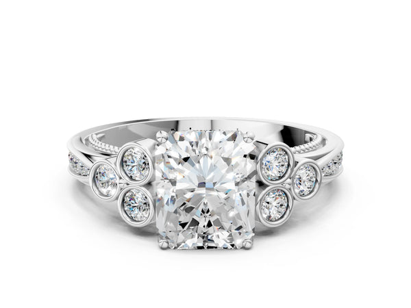 White gold Radiant Cut Diamond Engagement Ring with Bezel Set Round Side Stones and Prong Setting
