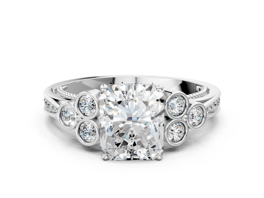 White gold Radiant Cut Diamond Engagement Ring with Bezel Set Round Side Stones and Prong Setting