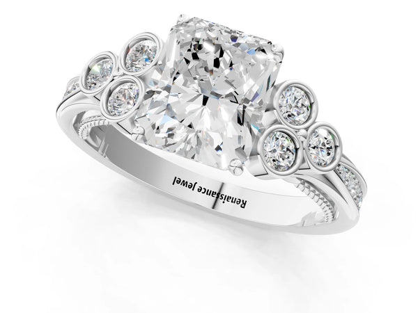 White gold Radiant Cut Diamond Engagement Ring with Bezel Set Round Side Stones and Prong Setting