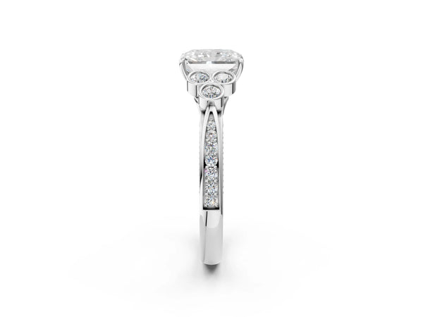 White gold Radiant Cut Diamond Engagement Ring with Bezel Set Round Side Stones and Prong Setting