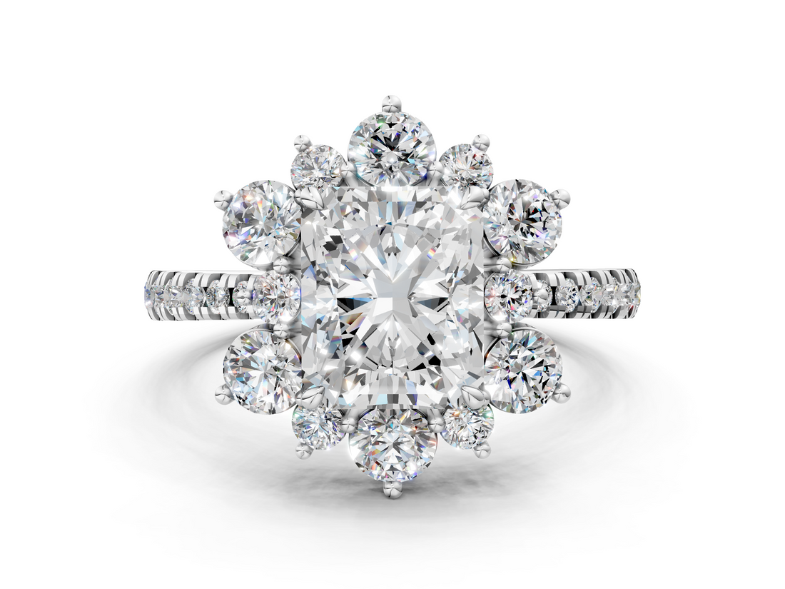 White gold Radiant Cut Diamond Floral Halo Pave Band with Prong Setting_37