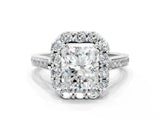 White gold Radiant Cut Diamond Floral Halo Ring with Pavé Band and Prong Setting_10
