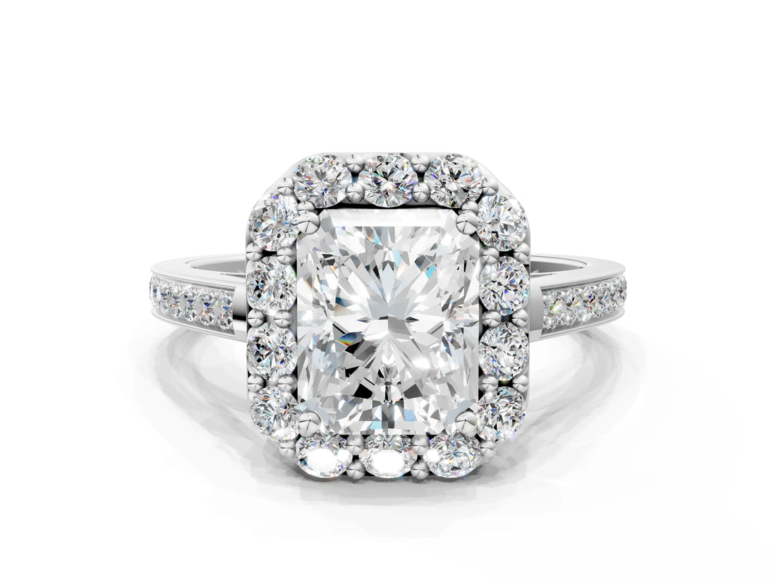 White gold Radiant Cut Diamond Floral Halo Ring with Pavé Band and Prong Setting_10