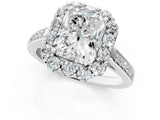White gold Radiant Cut Diamond Floral Halo Ring with Pavé Band and Prong Setting_11