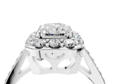 White gold Radiant Cut Diamond Floral Halo Ring with Pavé Band and Prong Setting_14