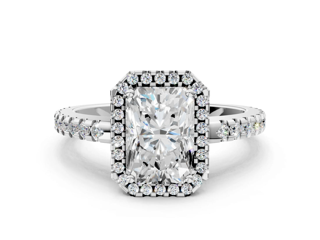 White gold Radiant Cut Diamond Halo Engagement Ring with Pavé Band and Prong Setting_27