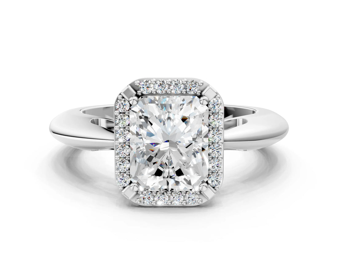 White gold Radiant Cut Diamond Halo Engagement Ring with Split Shank and Four-Prong Setting_115