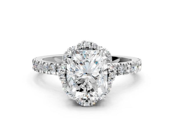 White gold Radiant Cut Diamond Halo Pave Band with Four-Prong Setting