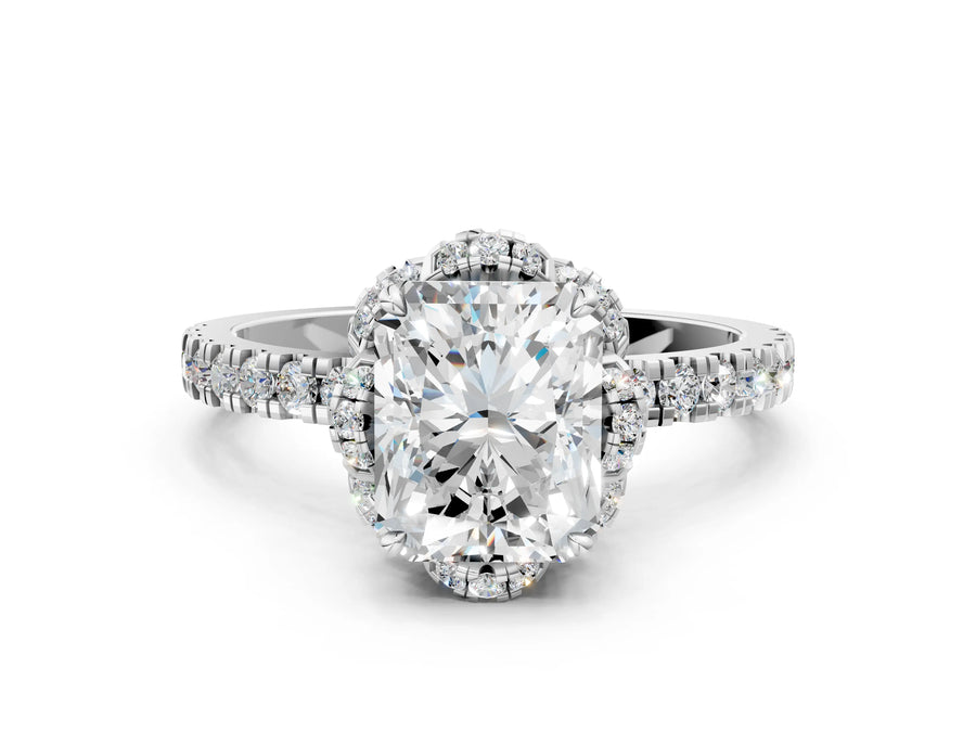 White gold Radiant Cut Diamond Halo Pave Band with Four-Prong Setting