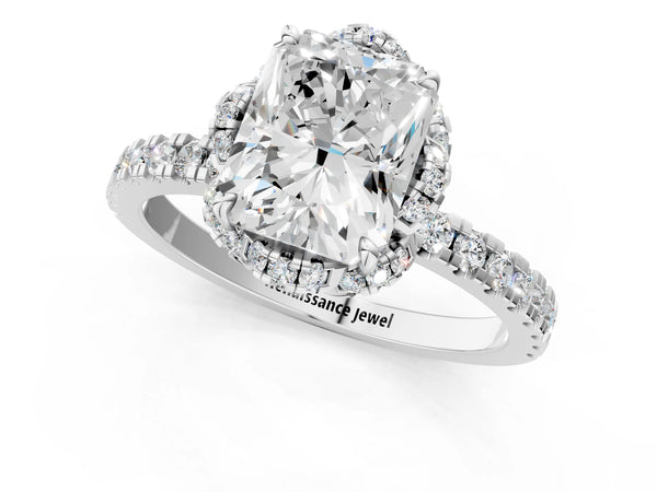 White gold Radiant Cut Diamond Halo Pave Band with Four-Prong Setting