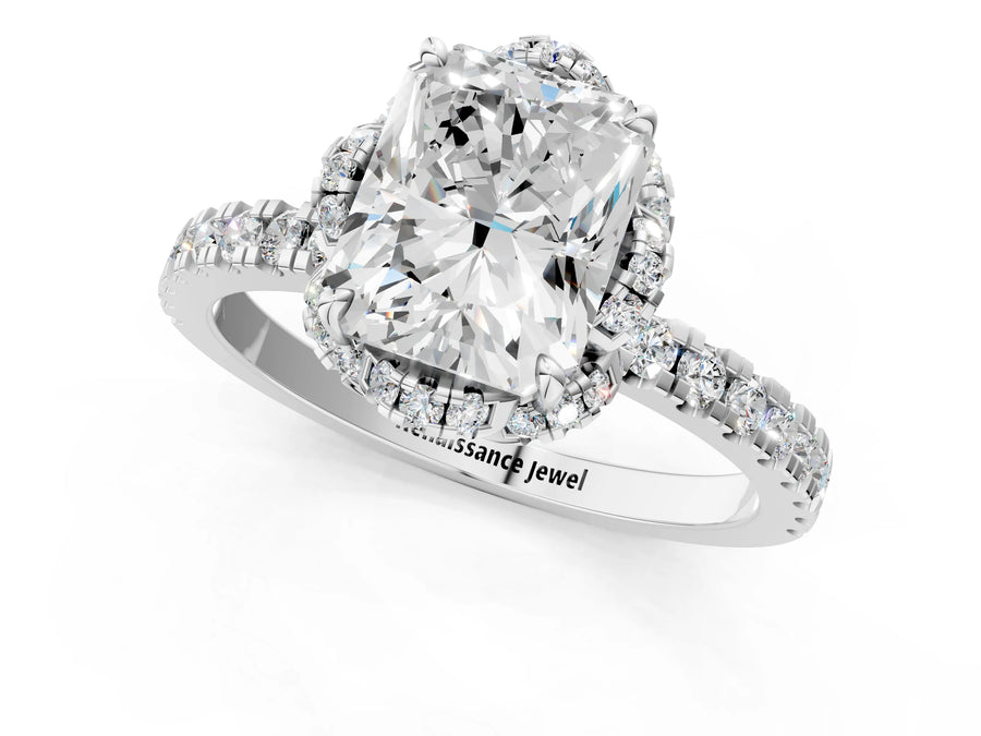 White gold Radiant Cut Diamond Halo Pave Band with Four-Prong Setting