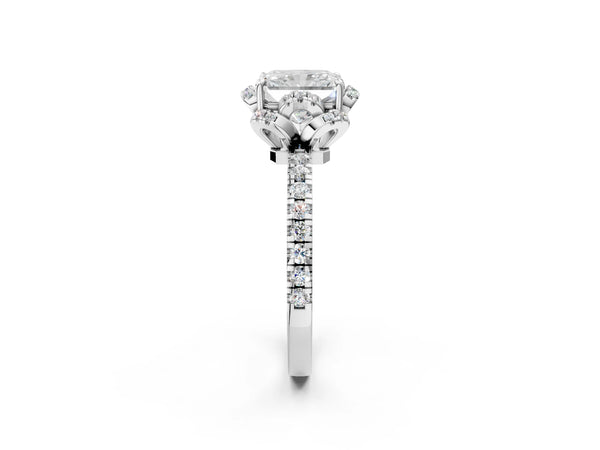 White gold Radiant Cut Diamond Halo Pave Band with Four-Prong Setting