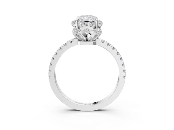 White gold Radiant Cut Diamond Halo Pave Band with Four-Prong Setting