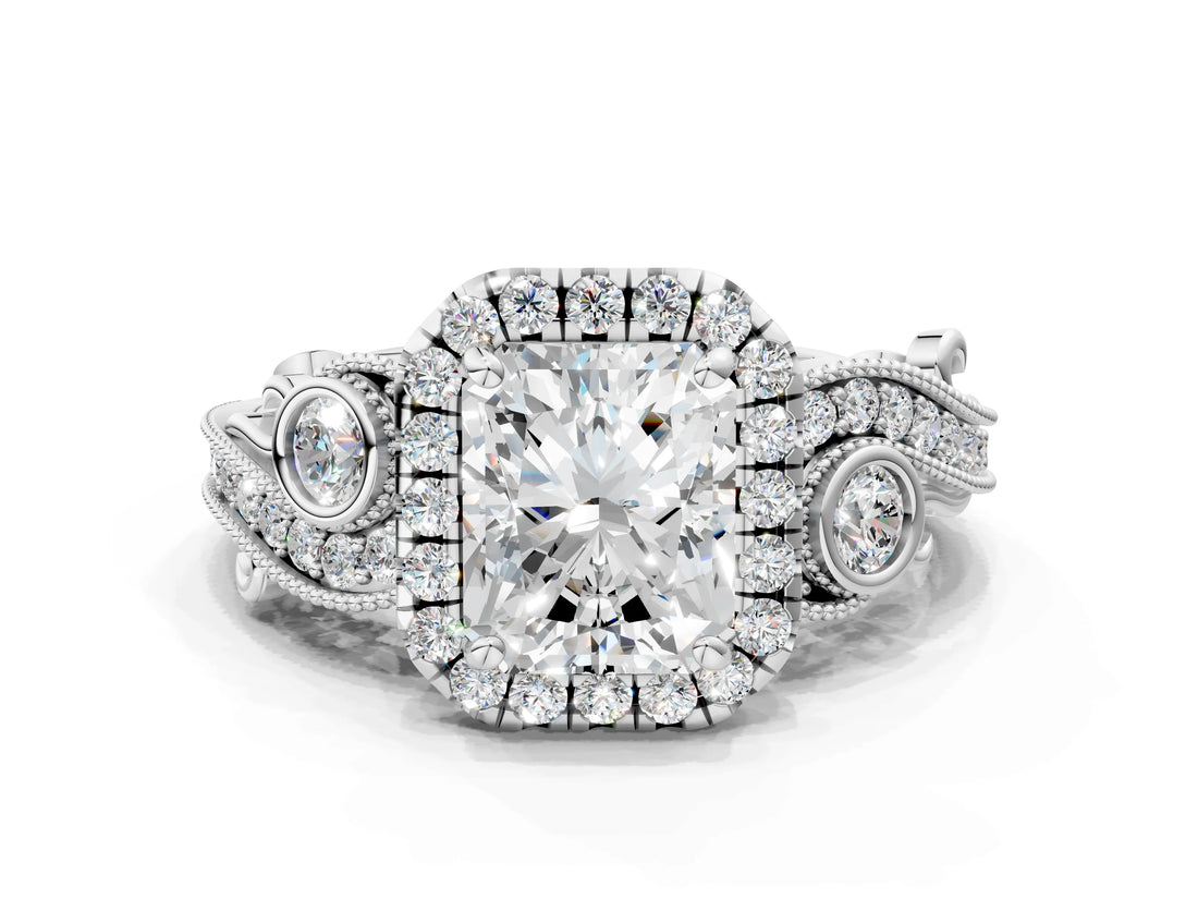 White gold Radiant Cut Diamond Halo Ring with Milgrain Pavé Band and Four-Prong Setting_74
