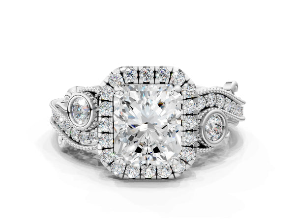 18K White Gold 3.03 Carat E VVS2 Radiant Diamond Halo Ring with Milgrain Pavé Band and Four-Prong Setting
