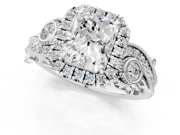 18K White Gold 3.03 Carat E VVS2 Radiant Diamond Halo Ring with Milgrain Pavé Band and Four-Prong Setting